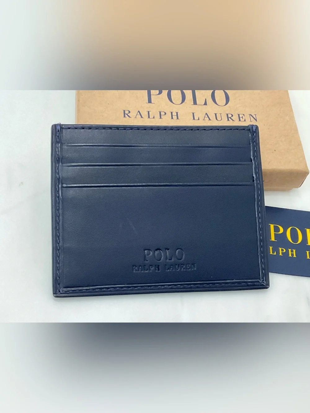 NEW Polo Ralph Lauren POLO PLAYER BEAR Leather Slim Card Case Wallet - NAVY BLUE